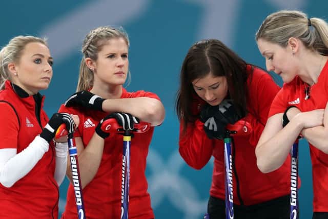 Great Britain's skipper Eve Muirhead (second right) and team mates Anna Sloan, Lauren Gray and Vicki Adams look dejected after losing the Women's Bronze Medal match.