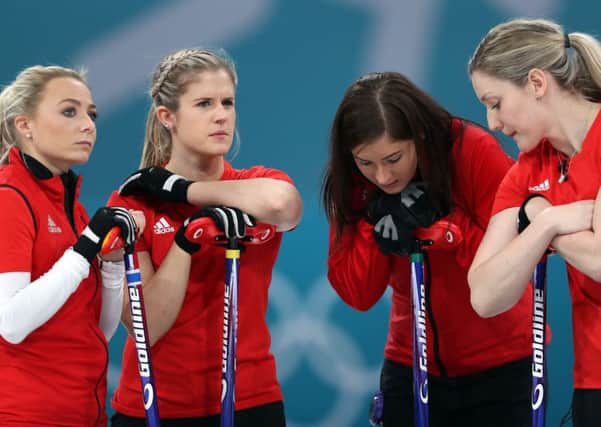 Great Britain's skipper Eve Muirhead (second right) and team mates Anna Sloan, Lauren Gray and Vicki Adams look dejected after losing the Women's Bronze Medal match.
