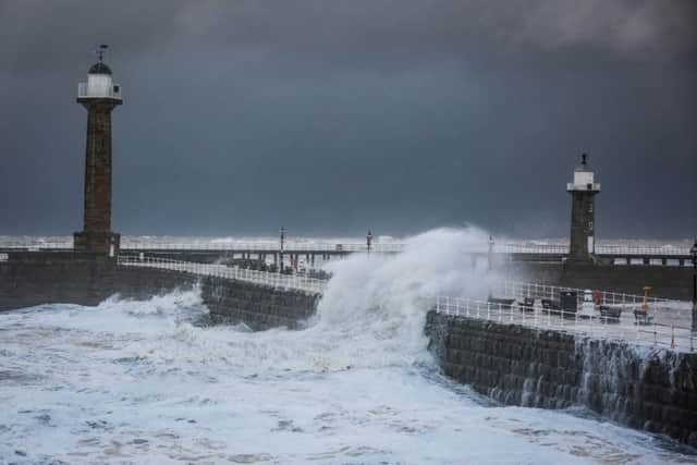 Large waves on the slipway in Whitby during a tidal surge. 2017