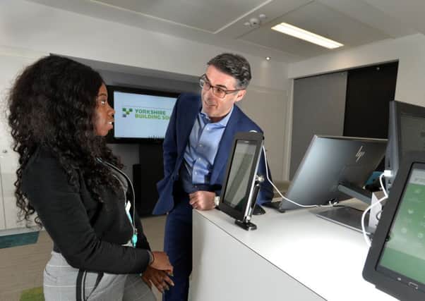Chief Operating Officer Stephen White at the opening of the Yorkshire Building Society Innovation Cetre in Bradford with apprentice Mya Griffiths.
26 February 2018.  Picture Bruce Rollinson