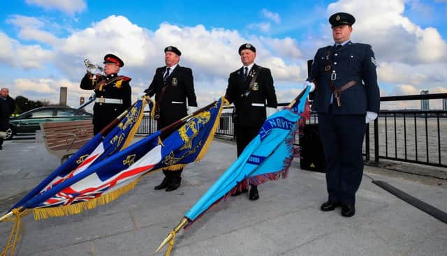 Standard bearers at the unveiling of a memorial to Battle of Britain Spitfire pilot Sergeant Jack Potter, whose story helped to inspire the Hollywood movie Dunkirk, on Seacombe promenade on the Wirral, Merseyside.