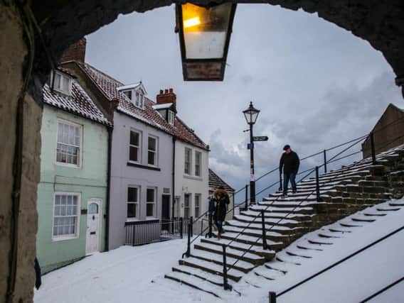 Snow covers Whitby's 199 steps.