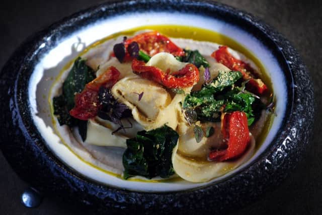Pumpkin and sage tortelloni with sunblushed tomatoes and cashew cream. Picture by Simon Hulme.