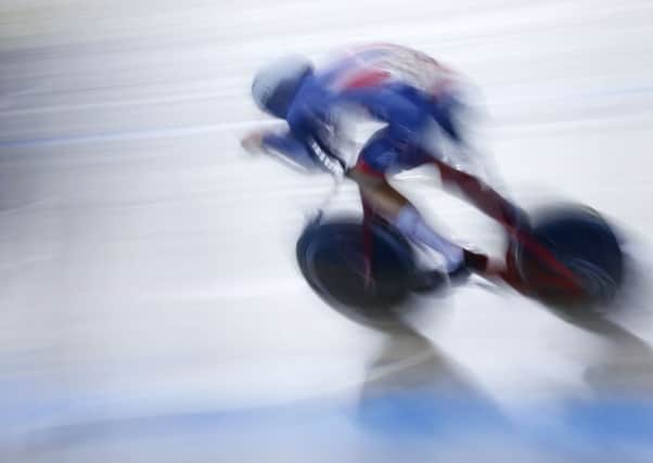 Charlie Tanfield of Britain competes in the men's individual pursuit at the World Championships Track Cycling in Apeldoorn.