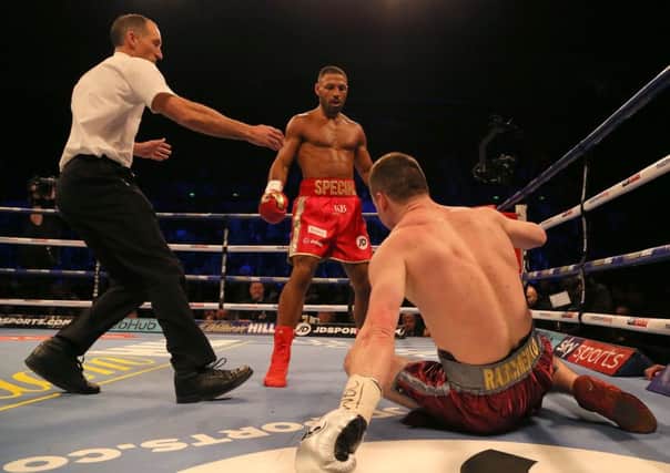 Sergey Rabchenk is knocked down in Round 2 during his fight against Kell Brook.