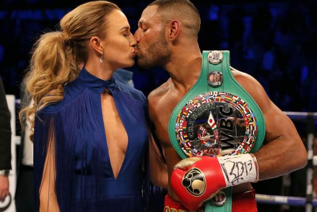 Kell Brook celebrates with wife Lindsey Myers.