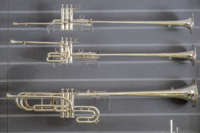 Examples of different kinds of trumpets and instruments made by Richard Wright.