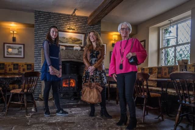 At the Shoulder of Mutton, Kirkby Overblow, 
Left to right: Betsy Martin wears navy lace dress, Â£42; pearl clutch, Â£32; buffalo trainers, Â£39. Fiona Martin wears Italian leather jacket, Â£230; tiered floral dress, Â£42; baby chain handle bag, Â£48. May Hayes wears bubblegum pink sweater, Â£52; grey BKS jeans, Â£34; bracelet, Â£36; necklace, Â£21; bag, Â£48. All at at Best Kept Secret Clothing.
Picture James Hardisty.