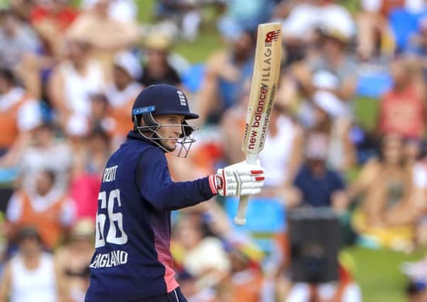 Joe Root, seen celebrating a half-century against New Zealand in Hamilton nine days ago, hopes to help England clinch an ODI series victory in Dunedin tomorrow (Picture: John Cowpland/AP).