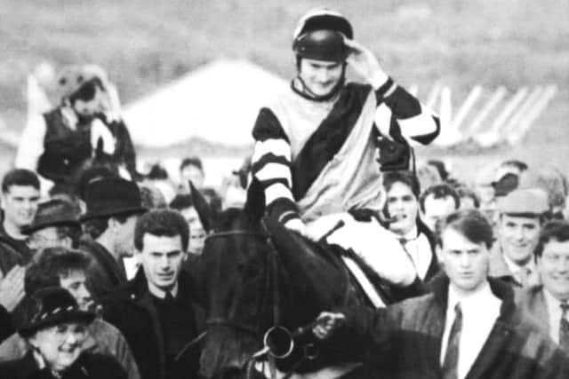 Mark Dwyer salutes the crowds after Jodami won the 1993 Gold Cup.