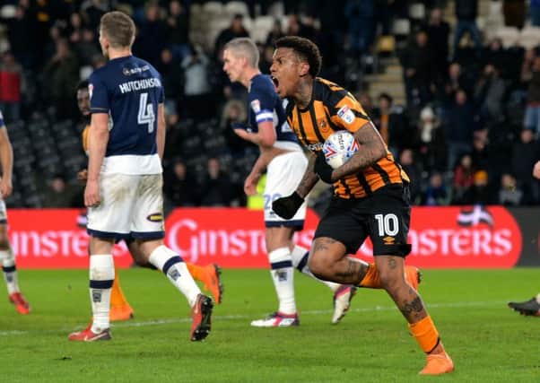 Abel Hernandez roars after scoring for Hull. to give them hope against Millwall. (Picture: Bruce Rollinson)