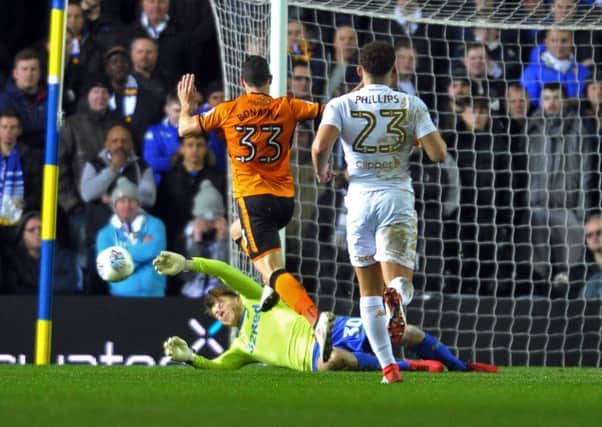 Leeds rookie keeper Bailey Peacock-Farrell saves at the feet of Wolves' Leo Bonatini. Picture Tony Johnson.