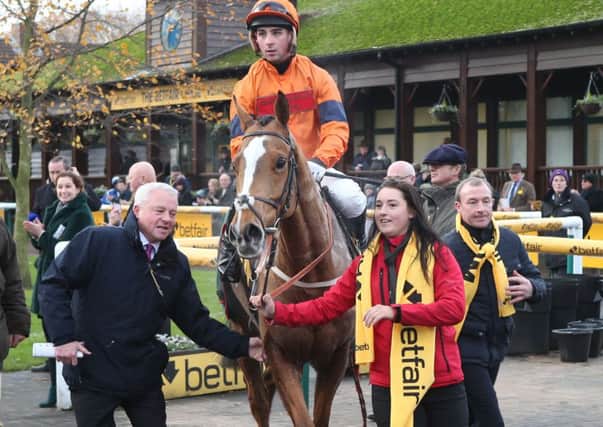 Ready for Cheltenham: Trainer Jedd O'Keeffe, Sam Spinner and jockey Joe Colliver. Picture: Grossick Racing Photography