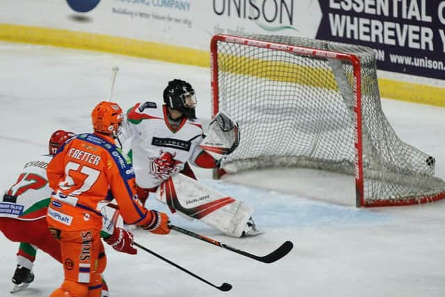 ON TARGET: Colton Fretter (No 67) scores the first of his two goals against Cardiff. Picture: Hayley Roberts.