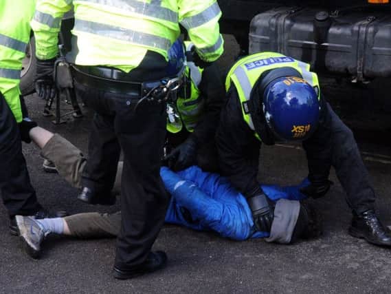 Officers in riot gear arrest a tree protester in Sheffield last week.