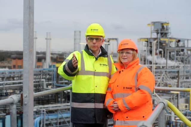 9 March 2018......     Bradford MP Judith Cummins speaks to Andrew Weatherall, vice president operations at BASF Bradford during her vist to the plant in Low Moor Bradford.  Picture Tony Johnson.