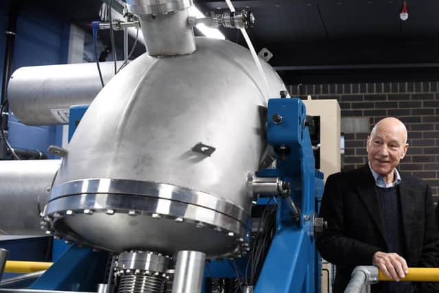 Sir Patrick Stewart officially opens Europes only ion beam particle accelerator at Huddersfield University.