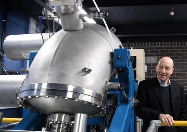 Sir Patrick Stewart officially opens Europes only ion beam particle accelerator at Huddersfield University.
