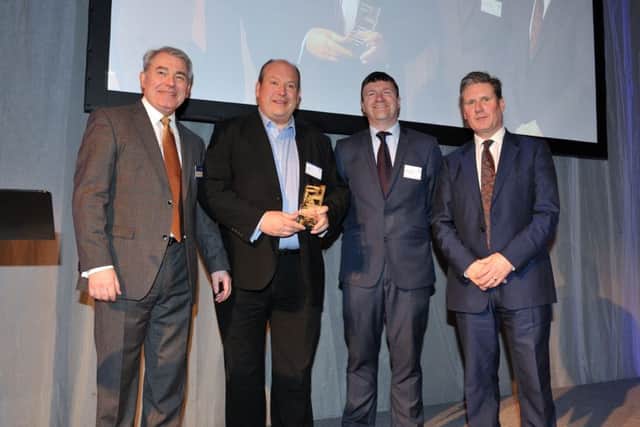 16 March 2018 .......      The Yorkshire Post and Ward Hadaway  Yorkshire Fastest 50 awards 2018 held at Aspire in Leeds presented by Philip Jordan of Ward Hadaway, Greg Wright and  Keir Starmer.
Production Park winners of the Fastest Growing Small Business Craig Such, Azzure IT. Picture Tony Johnson.