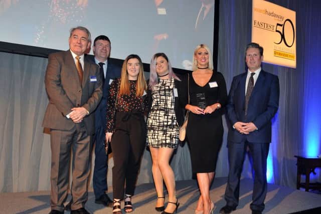 16 March 2018 .......      The Yorkshire Post and Ward Hadaway  Yorkshire Fastest 50 awards 2018 held at Aspire in Leeds presented by Philip Jordan of Ward Hadaway, Greg Wright and  Keir Starmer.
Production Park winners of the Fastest Growing Medium Business Toni Tune, Sarah Womack and Ria Forsyth. Picture Tony Johnson.