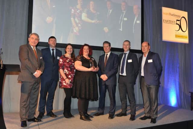 16 March 2018 .......      The Yorkshire Post and Ward Hadaway  Yorkshire Fastest 50 awards 2018 held at Aspire in Leeds presented by Philip Jordan of Ward Hadaway, Greg Wright and  Keir Starmer.
Rachel Pease Suzanne Latimer, Jonathan Simpson an Andrew Thirkill of  Pure Retirement winners of the Fastest Growing Large Business and Overall winners.  Picture Tony Johnson.