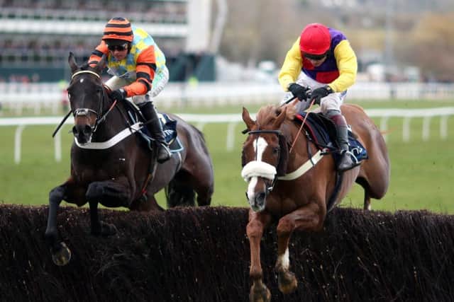 Native River ridden by Richard Johnson, right, jumps a fence before going on to win the Timico Cheltenham Gold Cup.