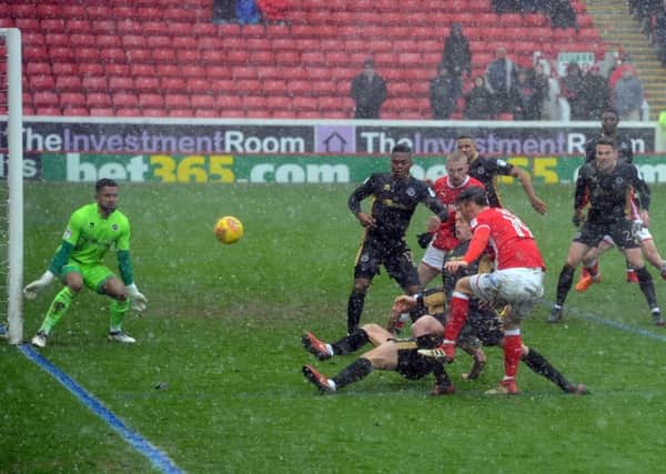 Barnsley's Keiffer Moore shoots wide. (Picture: Tony Johnson)