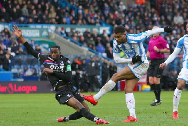 Huddersfield Town's Steve Mounie makes a failed attempt at goal