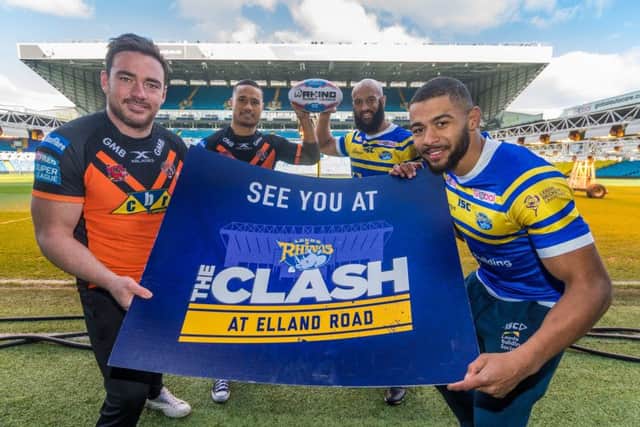 Castleford Tigers' Grant Millington and Ben Roberts with Leeds Rhinos' Jamie Jones-Buchanan and Kallum Watkins are getting prepared for 'The Clash' at Elland Road on Friday (Picture: James Hardisty).