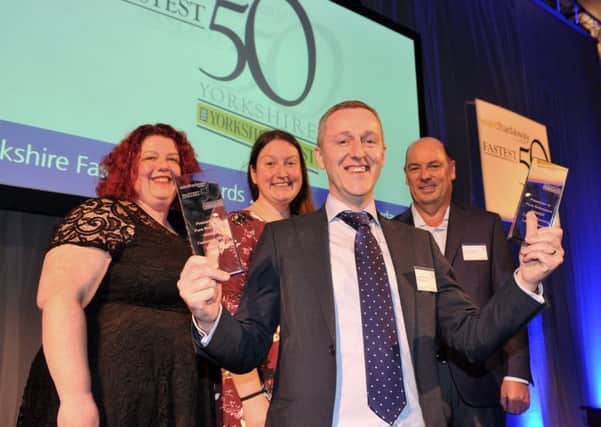 16 March 2018 .......      The Yorkshire Post and Ward Hadaway  Yorkshire Fastest 50 awards 2018 held at Aspire in Leeds. 
Jonathan Simpson celebrates with colleagues Suzanne Latimer, Rachel Pease and Andrew Thirkill at  Pure Retirement winners of the Fastest Growing Large Business and Overall winners.  Picture Tony Johnson.