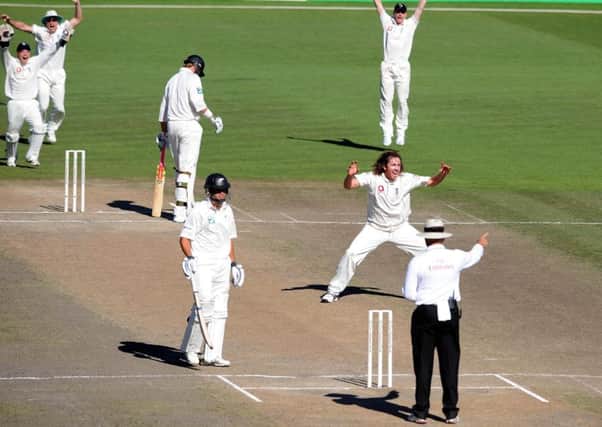 England's Ryan Sidebottom celebrates his hat trick as New Zealand's Jacob Oram is given out LBW.