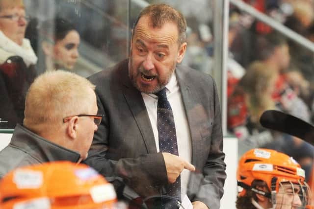 Sheffield Steelers' head coach Paul Thompson talks to assistant Jerry Andersson.
 Picture: Helen Brabon
