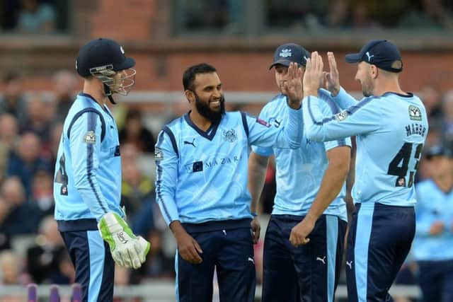 Adil Rashid celebrates a wicket in the T20 Blast against Lancashire Lightning last year.  Picture Bruce Rollinson