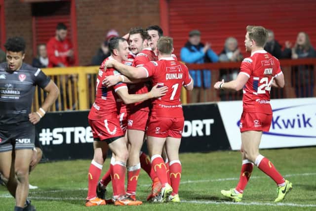 Hull KR's players celebrate Ryan Shaw's try. Picture: Tony Foster