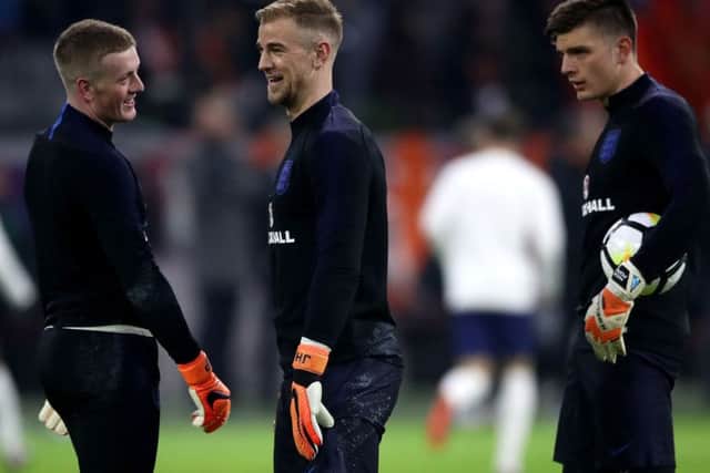 FRIENDLY RIVALRY: England (left-right) goalkeepers Jordan Pickford, Joe Hart and Nick Pope in Amsterdam. Picture : Nick Potts/PA