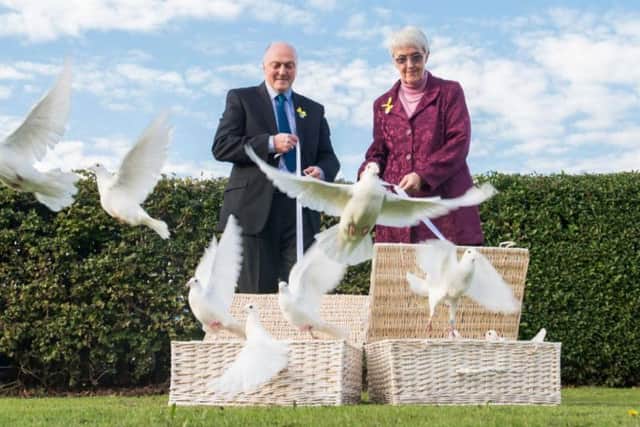 Elsie's siblings, Colin Frost and Anne Cleave, release doves at a memorial service held in 2015 to mark 50 years since she was killed.