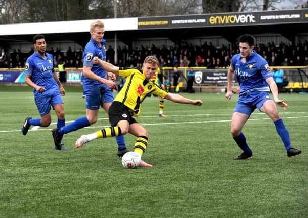 Harogate Town's Jake Wright gets a shot away during the National League North victory over Gainsborough Trinity at CNG Stadium (Picture: Steve Riding).