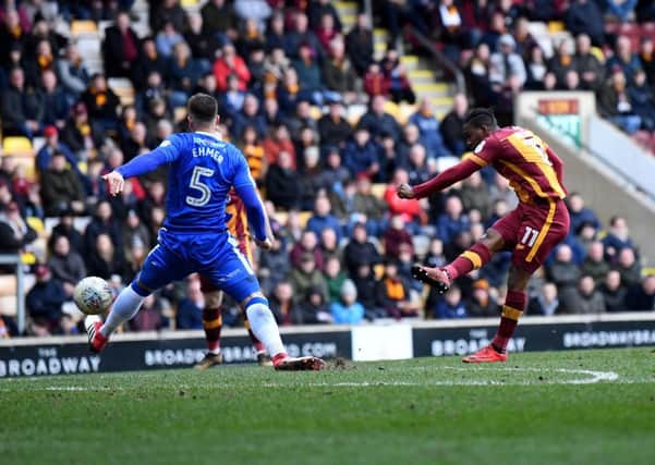 Bradford's Dominic Poleon scores the winning goal.
 
Picture: Jonathan Gawthorpe