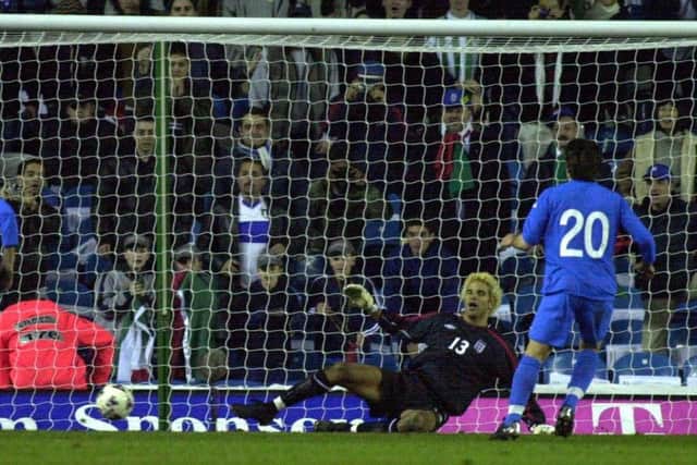 David James is sent the wrong way by Vincenzo Montella's last-minute penalty at Elland Road in March 2002.