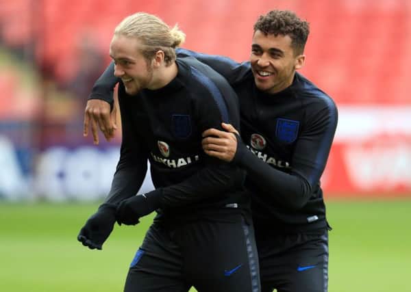 England U21's Tom Davies (left) and Dominic Calvert-Lewin during a training session at Bramall Lane, Sheffield.