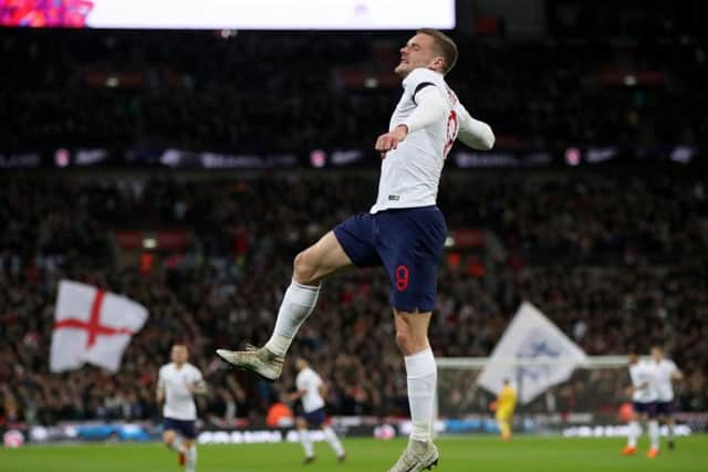Jamie Vardy celebrates giving England the lead at Wembley against Italy (Picture: Nick Potts/PA Wire).