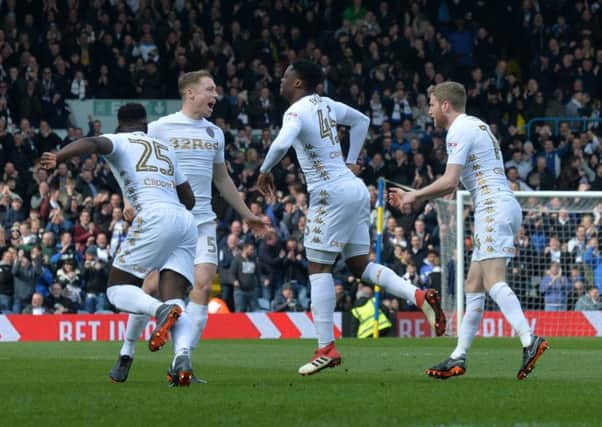 Caleb Ekuban celebrates his opening goal for Leeds against Bolton. (Picture: Bruce Rollinson)