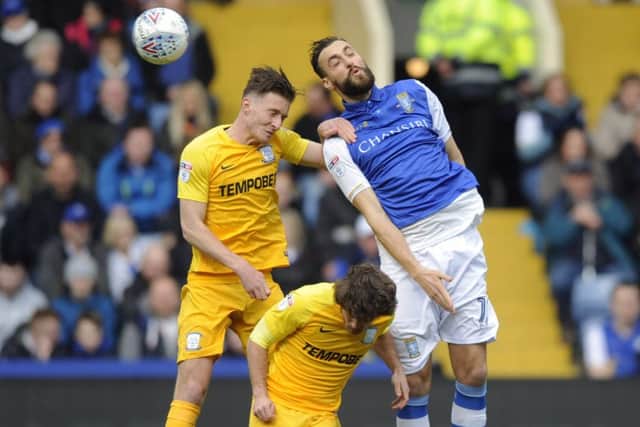 Sheffield Wednesday's two-goal striker Atdhe Nuhiu in the thick of the action (Picture: Steve Ellis)