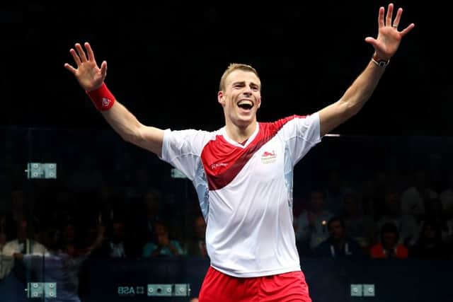 Nick Matthew of England celebrates victory over James Willstrop of England during the Men's Singles Gold medal Final