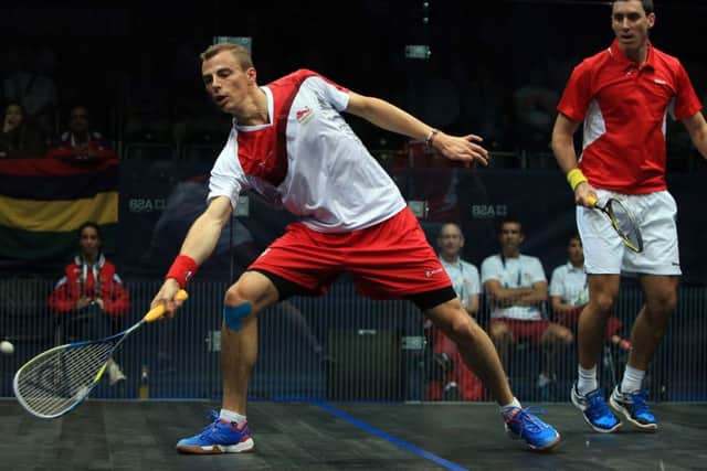 Englands Nick Matthew in action against Mauritius Xavier Koenig  at Scotstoun Sports Campus during the 2014 Commonwealth Games in Glasgow.