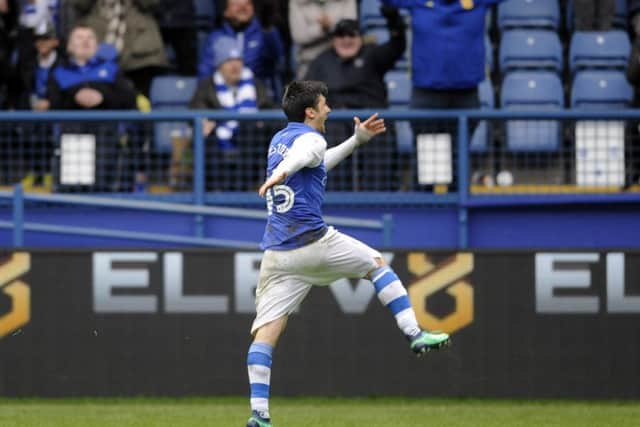 Fernando Forestieri leaps into the air after scoring from a free-kick on his return from injury as Sheffield Wednesday won 4-1 at home to Preston North End (Picture: Steve Ellis).
