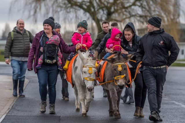 Pictured (left to right): Sam Mould, of Skipton holds onto her daughter Lauren, aged 3, and Vicky Jeffrey, holds onto her daughter Matilda, aged 18 months from Wetherby, whilst having a ride on Trooper and Carl, two donkeys from Realdonkey's based at Blackpool.