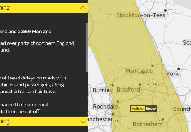 The Met Office warning splits Yorkshire down the middle with the western half expected to see some snow on Monday.