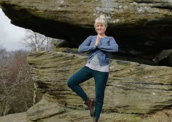 Images: Mindfulness and yoga expert Caroline Salter practicing at Brimham Rocks.