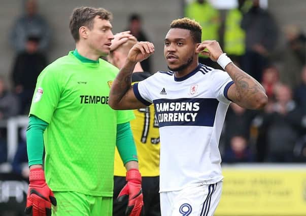 ON TARGET: Middlesbrough's Britt Assombalonga celebrates scoring his side's late equaliser at the Pirelli Stadium. Picture: Nigel French/PA